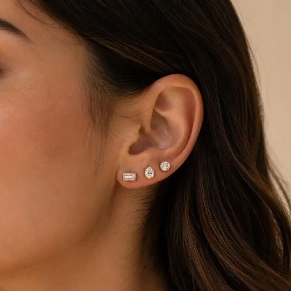 gold trio crystal stud earrings D225